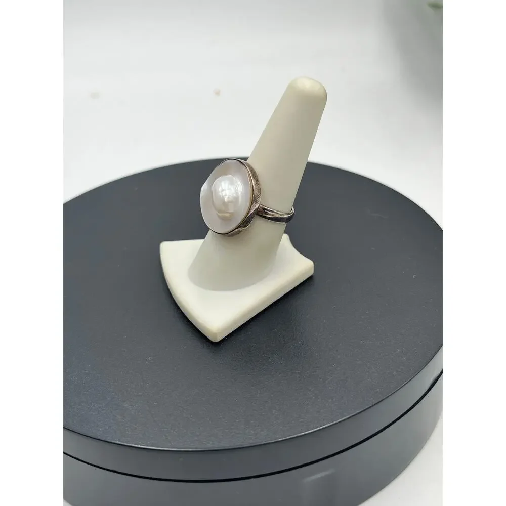 Sterling‎ Silver Natural White Blister Pearl Shell Round Ring 8.5